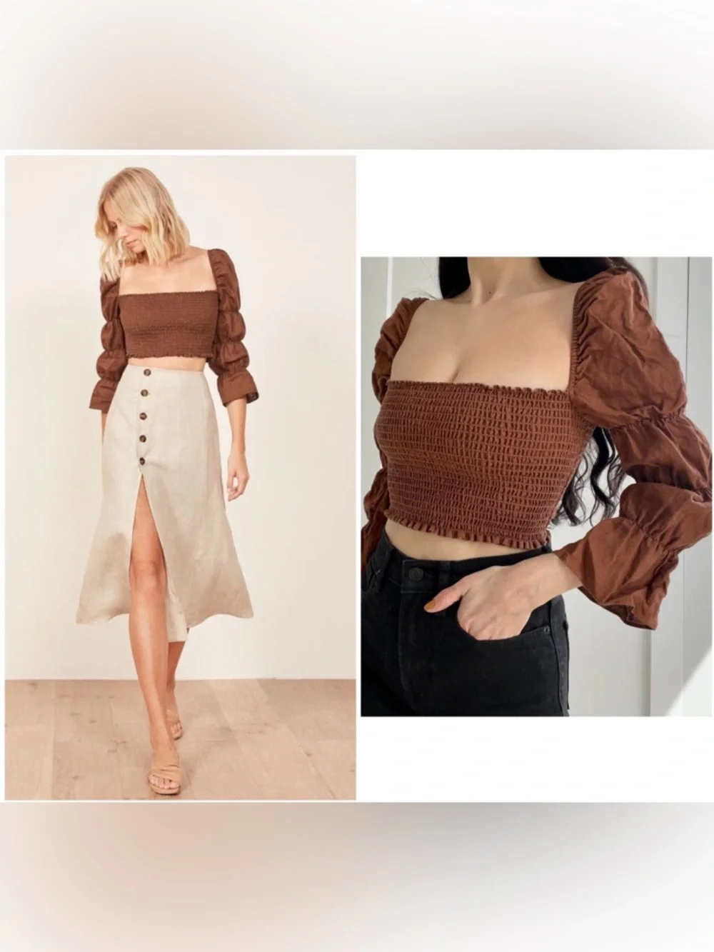 New! Reformation Maple Chocolate Brown Ruched Bodice Linen Cropped Top 🤎 Medium